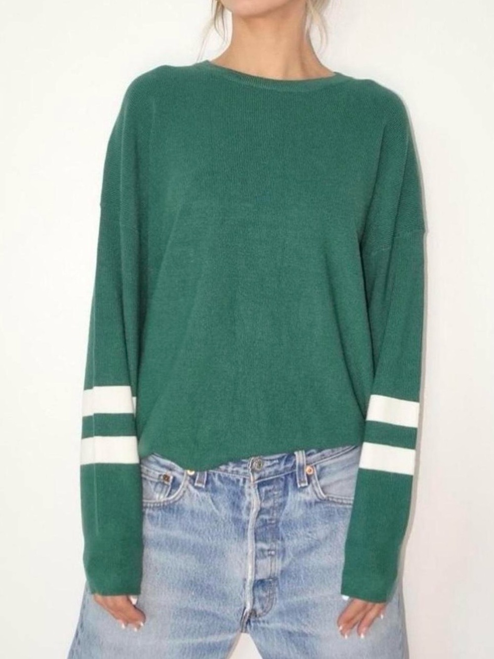 Green Striped-Sleeve Women's Sweater